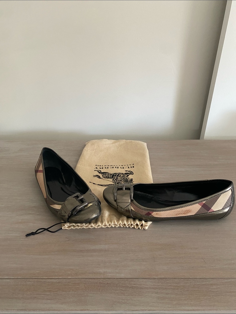 Burberry Tan Beige Plaid Leather-Trim Ballet Flats